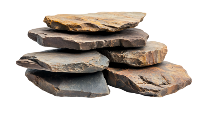 Several natural flat rocks arranged as a podium, isolated on a clean white background, providing a rustic and earthy display platform