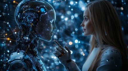 Fototapeta premium A human figure interacts with a humanoid robot, both illuminated by a cosmic display of swirling lights and intricate digital patterns, suggesting a deep, evolving bond in a high-tech world