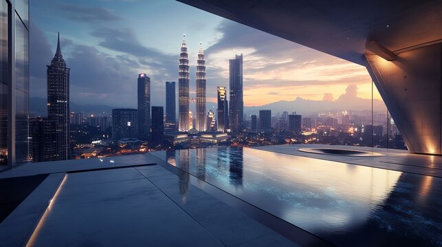 Futuristic construction boasts a sleek concrete floor with the dazzling skyline of Kuala Lumpur as its backdrop. This captivating 3D rendering showcases the city's architectural prowess. 