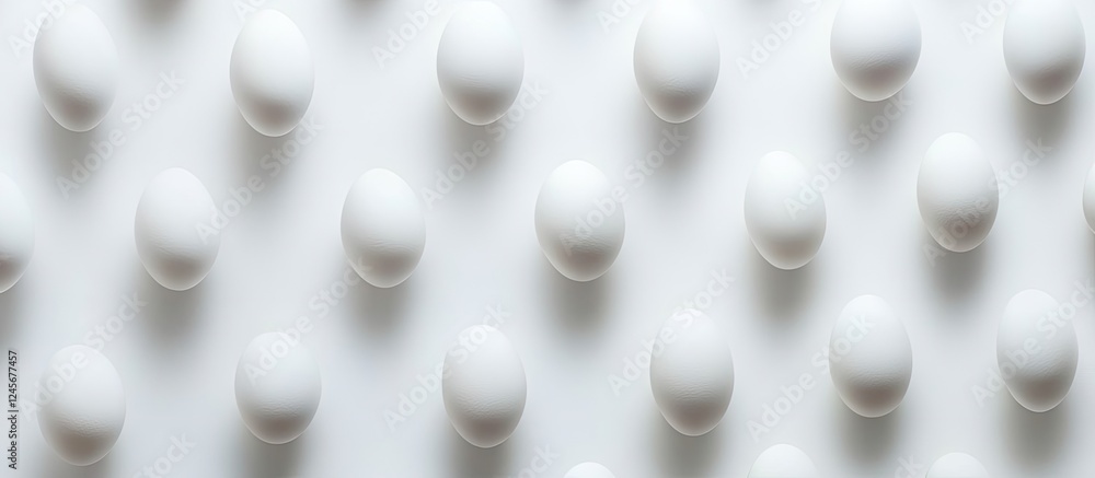 Poster white chicken eggs neatly arranged in a grid on a soft white background, emphasizing simplicity and 