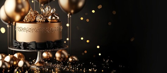 Elegant golden anniversary cake adorned with shiny gold elements on a black background, surrounded by sparkling confetti and festive balloons.