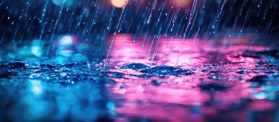 Vibrant neon reflections on rain-soaked surface in shades of blue and pink showcasing a mesmerizing cyberpunk atmosphere with dark tones