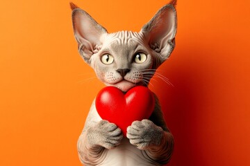 Cornish rex - my cherished cat. Cute cornish rex baby feline with companion toy red heart - sign of love, funny greeting card. Marketing concept art. Love pet theme. Heart-shaped valentine.