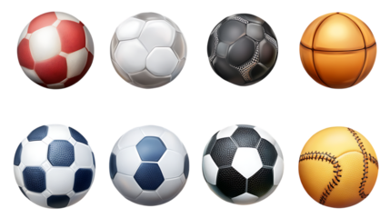 Sports balls and equipment collection set isolated on transparent or white background