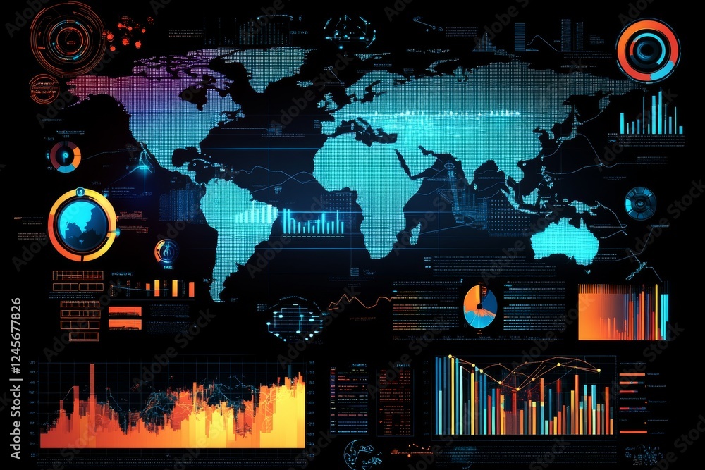 Aufkleber global market concept with bight digital financial chart graphs and diagram on dark background with 