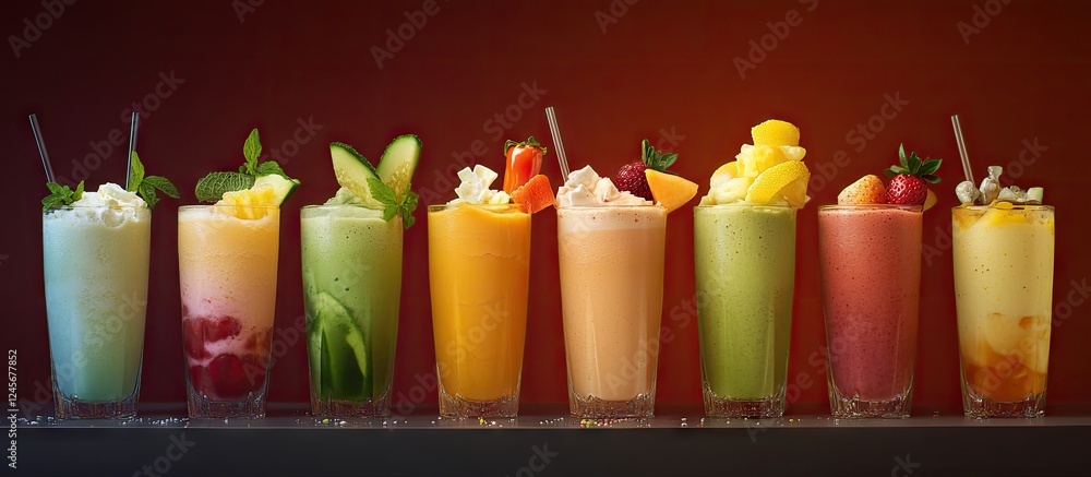 Poster colorful array of smoothies with vibrant fruits and greens against a deep background highlighting th