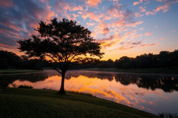Fototapeta premium Serene Sunrise Over Peaceful Lake With Solitary Tree