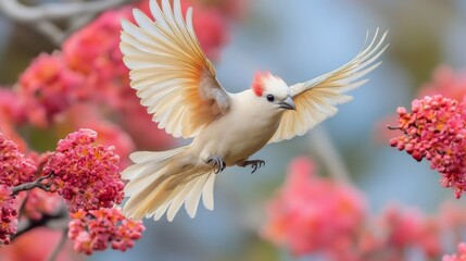Elegant White Bird in Flight Amidst Pink Blossoms