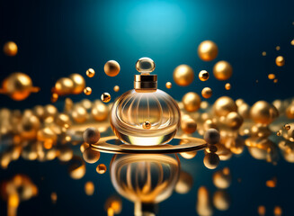 Elegant perfume bottle on a golden plate surrounded by floating golden spheres.  A deep blue backdrop with a spotlight and reflective surface enhances the luxurious ambiance.