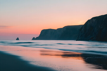 Serene Coastal Sunset: A Tranquil Moment of Natural Beauty at Dusk Along the Rocky Shore