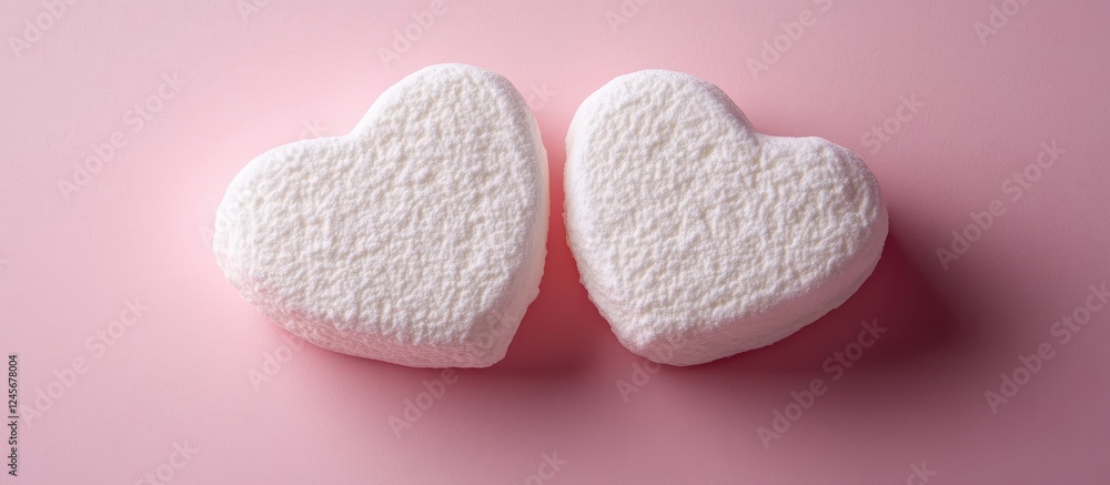 Poster white textured heart-shaped marshmallows on soft pink background positioned side by side creating a 