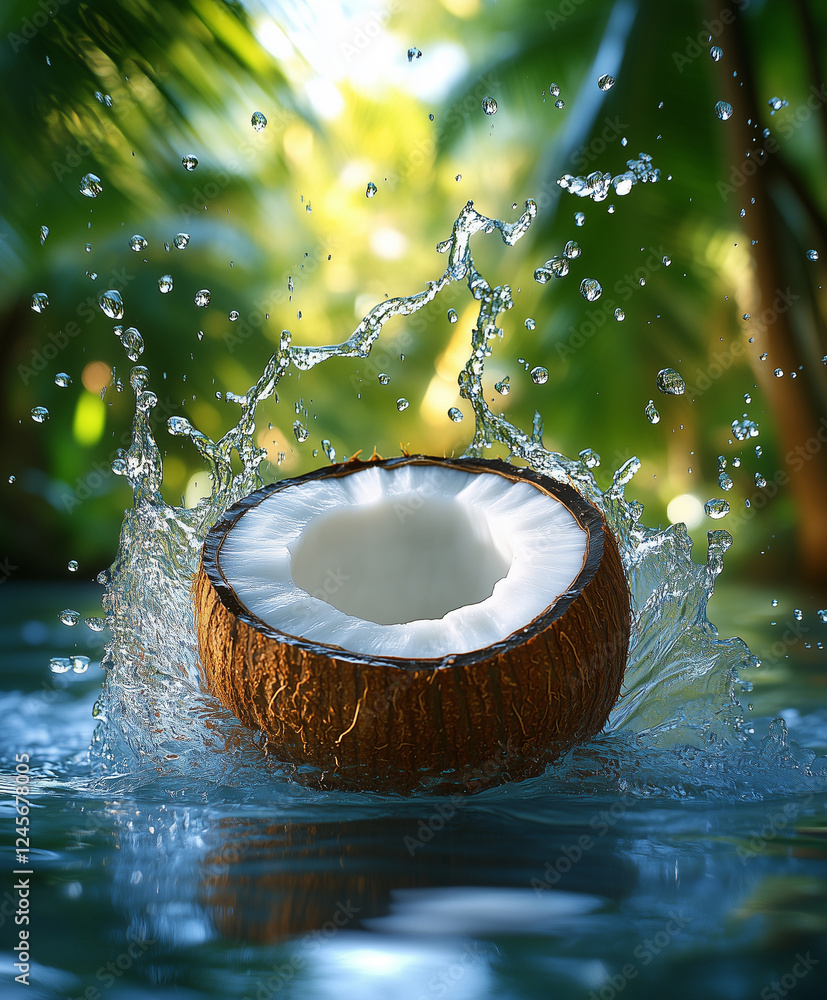 Poster half coconut splashes into smooth clear water, surrounded by lush greenery, creating refreshing and 