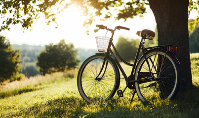 Obraz premium Vintage Bicycle Leaning Against a Tree in an Isolated Setting for a Peaceful Escape