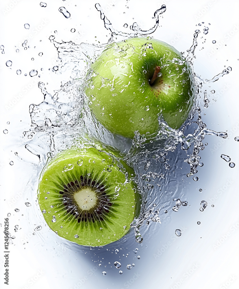 Aufkleber fresh green apple and kiwi splash in water, creating vibrant and refreshing scene. dynamic movement 
