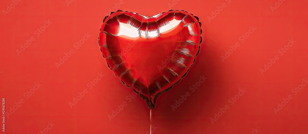 Poster red heart-shaped balloon centered against a bold red background, creating a vibrant visual represent