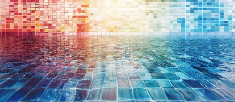 Multicolored swimming pool with vibrant blue water reflecting stunning mosaic tiles in hues of red, orange, and turquoise creating a tranquil ambiance