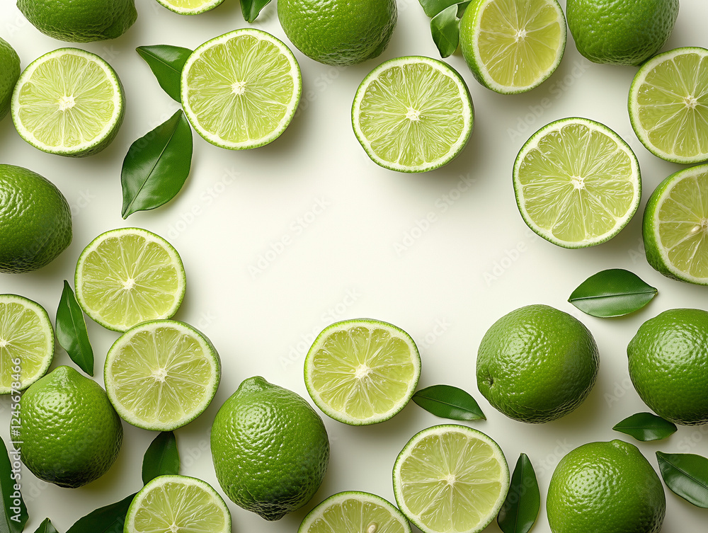 Poster fresh limes and lime slices arranged with green leaves on light background create vibrant and refres