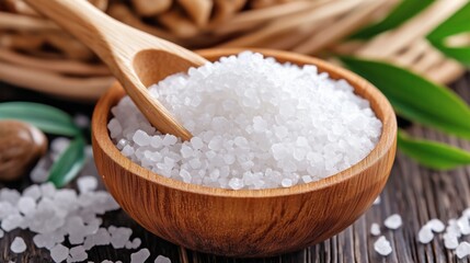 Coarse salt granules in a wooden bowl with spoon, set on a rustic table, surrounded by green leaves.