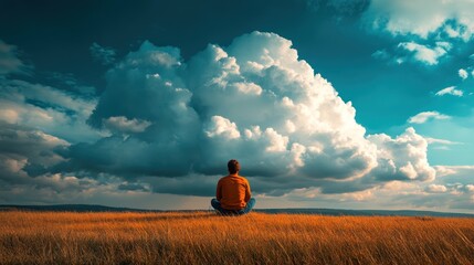 Man meditating in field, large clouds above.