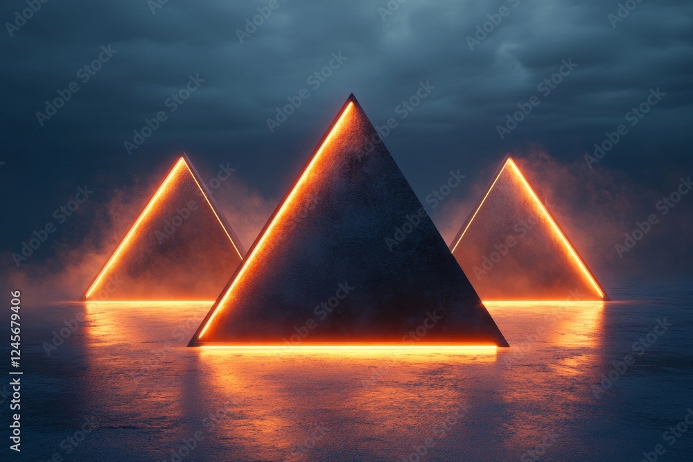 Poster abstract 3d render of glowing pyramid structures in a dark environment. modern design for branding, 
