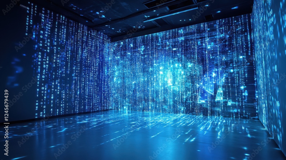 Poster ethereal digital space with blue light and binary code projection