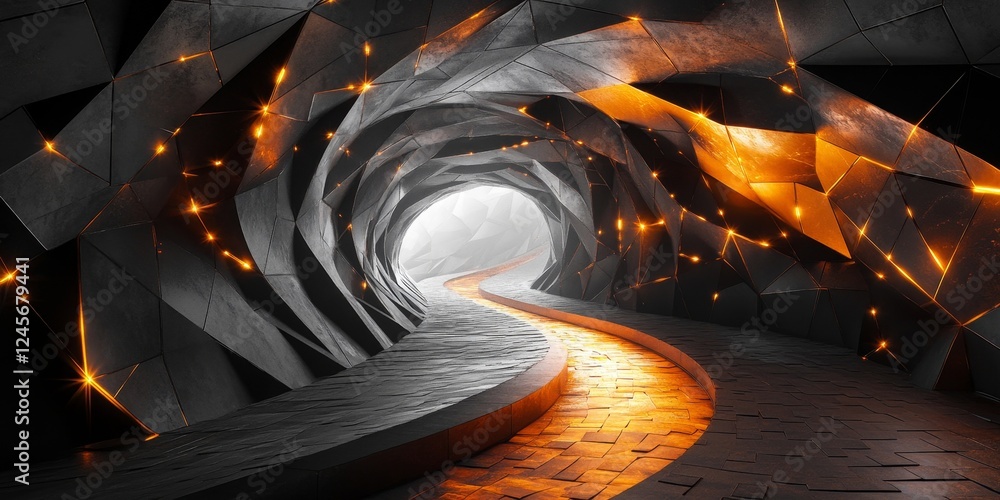 Poster abstract 3d render of a modern tunnel with glowing triangular prisms., generative ai