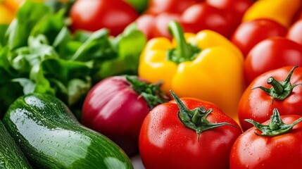 Fresh vegetables including tomatoes, peppers, and zucchini, showcasing vibrant colors and natural beauty.