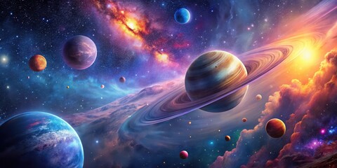 A Celestial Tapestry  Cosmic Dance of Planets and Nebulae in a Vibrant Universe