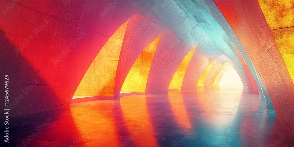 Poster abstract 3d render of a modern tunnel with glowing triangular prisms., generative ai