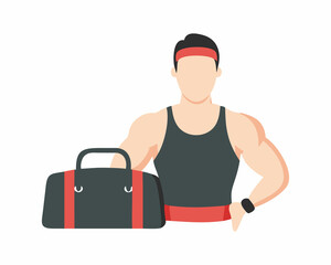 A stylized illustration of a muscular man wearing a tank top and headband, holding a gym bag.