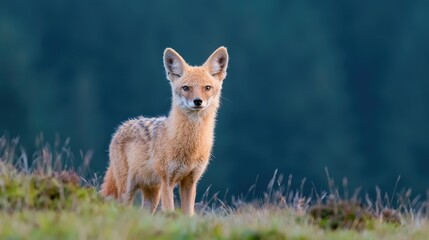 Obraz premium Golden jackal standing alert in mountain meadow