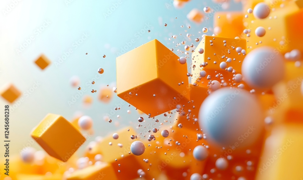 Poster abstract 3d composition of cubes and spheres in dynamic arrangement., generative ai