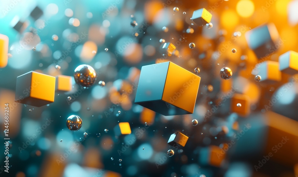 Poster abstract 3d composition of cubes and spheres in dynamic arrangement., generative ai