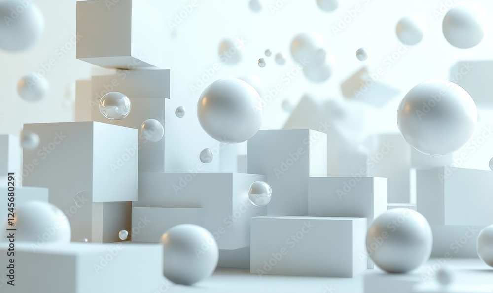 Poster abstract 3d composition of cubes and spheres in dynamic arrangement., generative ai