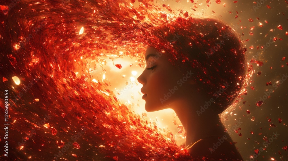 Poster abstract image of woman's profile surrounded a cosmic vortex of red gemstones and shimmering gold th