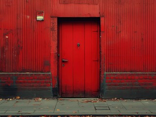 Red door on red building with abstract minimalism and zen elements in outdoor urban setting