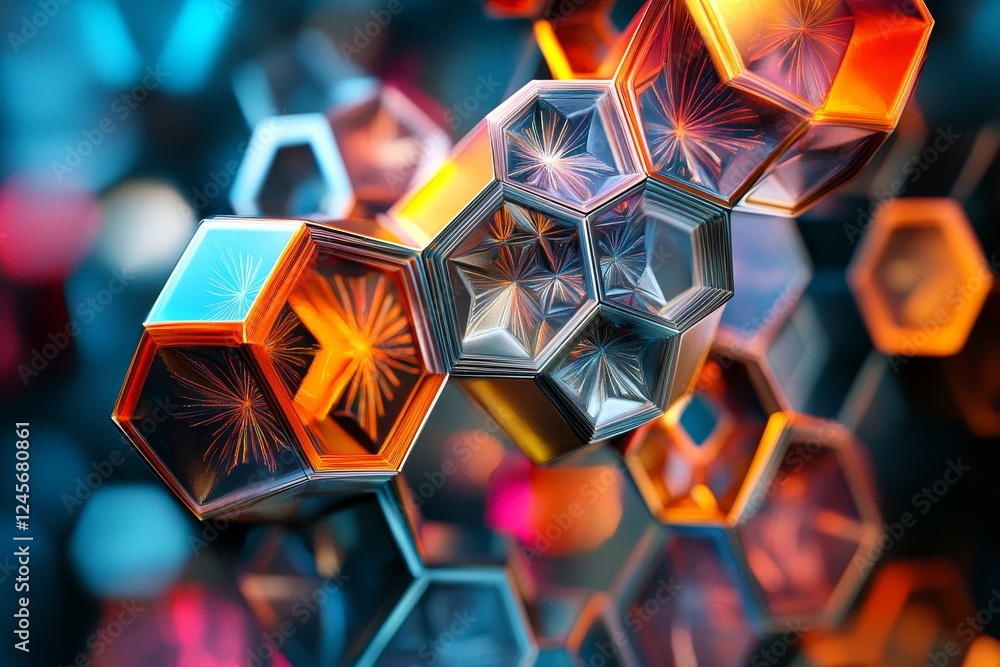 Poster abstract 3d illustration of vibrant geometric shapes forming intricate patterns., generative ai