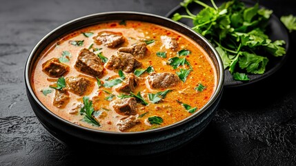 Cultural iconic Thailand, A rich, aromatic dish featuring tender meat in a creamy, spiced sauce, garnished with fresh herbs, served in a dark bowl.