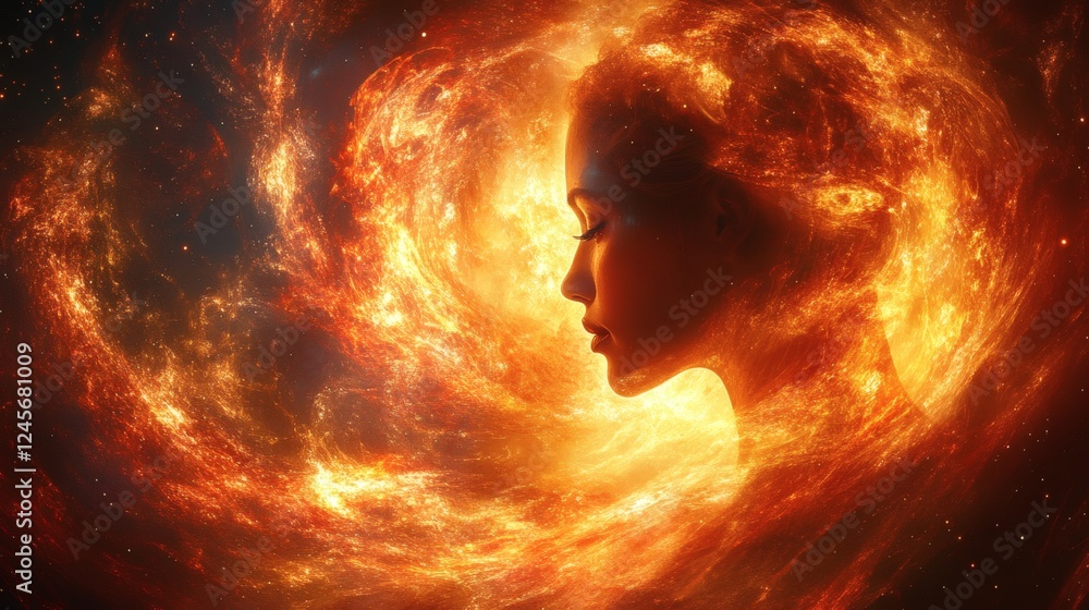 Poster abstract image of woman's profile surrounded a cosmic vortex of red gemstones and shimmering gold th