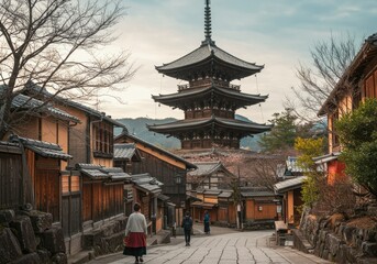 apanese girl walk in kyoto old market and wooded yasaka pagoda