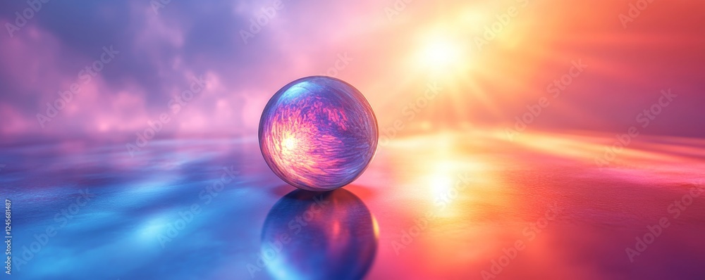 Poster iridescent sphere with light rays, 3d render, generative ai