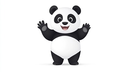 Fototapeta premium Cute cartoon panda character with a cheerful expression, waving in a simple white background