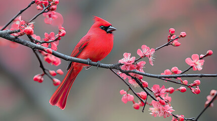 Majestic Red Cardinal Bird Perched on a Branch of Delicate Pink Blossoms in Spring