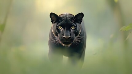 Obraz premium Majestic black panther prowling through a lush forest, showcasing its powerful presence and gaze