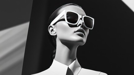 A minimalist and sophisticated sunglasses promotional flyer with a monochrome aesthetic, stylish model, and refined graphic details