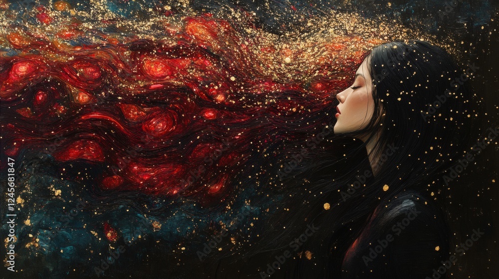 Poster abstract profile of woman emerging from a whirlpool of vibrant red gemstones shimmering gold threads