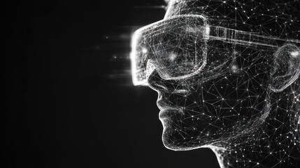 Wireframe head wearing VR headset, digital future.