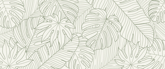 Tropical leaves background vector. Natural jungle monstera palm leaves design in minimal pale green color with contour line art. Design for fabric, print, cover, banner, decoration, wallpaper.