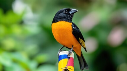Orange bird perched, tropical garden background, wildlife photography, nature stock