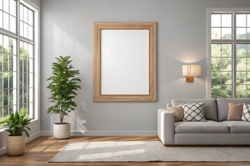 A blank wooden frame mockup set against a neutral-toned wall in a cozy home interior. The space is styled with warm textures, indoor greenery, and soft lighting, creating an inviting atmosphere.